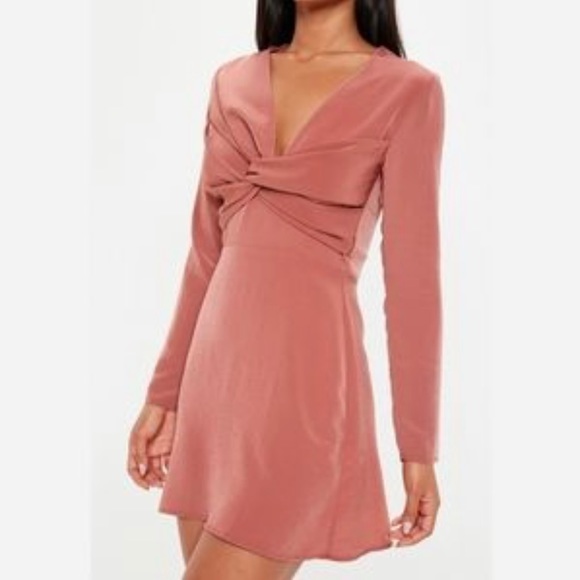 Miss Guided Long Sleeve Cross Over Front Mini Dress Rusty Pink Size 6 NWT - Picture 3 of 11